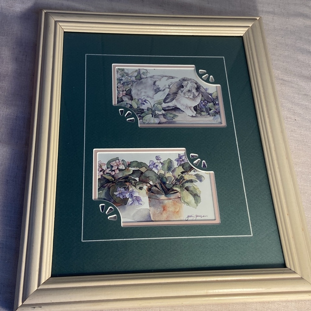 Vintage Framed art watercolor prints Jodi Jensen rabbit African violet plant 90s